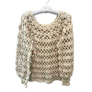 HANDMADE | Cream Crochet Knit Sweater Open Weave Boho Cottagecore | XS/Small